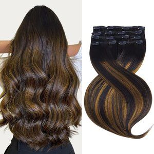16" 100% Human Hair Clip In Extensions 120g 7pcs Black Chestnut Brown #1b/6/1b